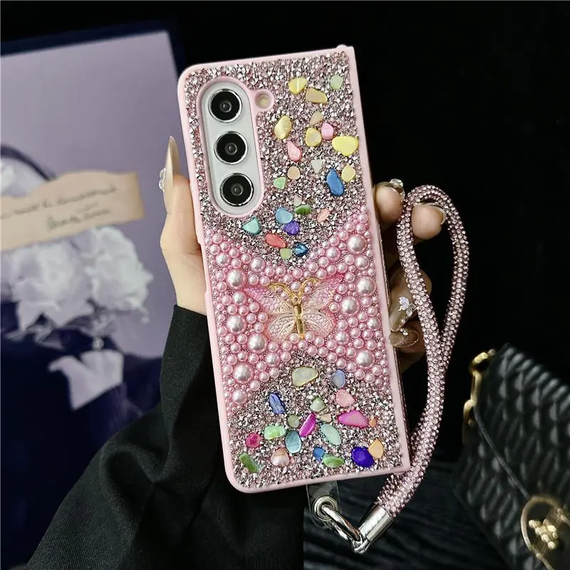 Fashion Butterfly Pattern Phone Case, Rhinestone Decor Phone Protective Cover, Phone Accessory Compatible with Samsung Z Fold 5, Casing