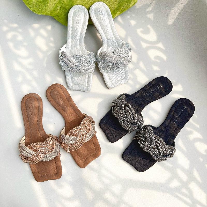 Dép Lê Nữ Mũi Uốn, Bản Dây Đá Xen Kẽ Cuộn Sóng, Êm Chân, Đế Chống Trơn Trượt DéP Shoes