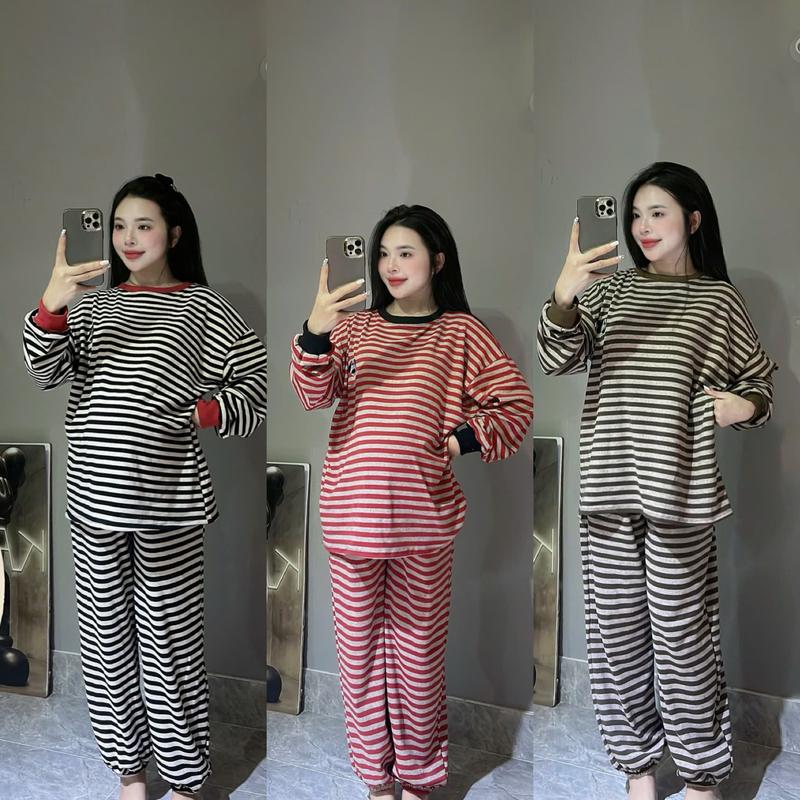 (Mina clothing) Đồ bộ bầu kẻ COTTON NỈ THÊU CÚN dáng dài tay bo gấu phối màu chất liệu co dãn dành cho mẹ bầu và sau sinh mặc thoaỉ mái Đồ bầu Đồ bộ bầu thu đông Dress Women