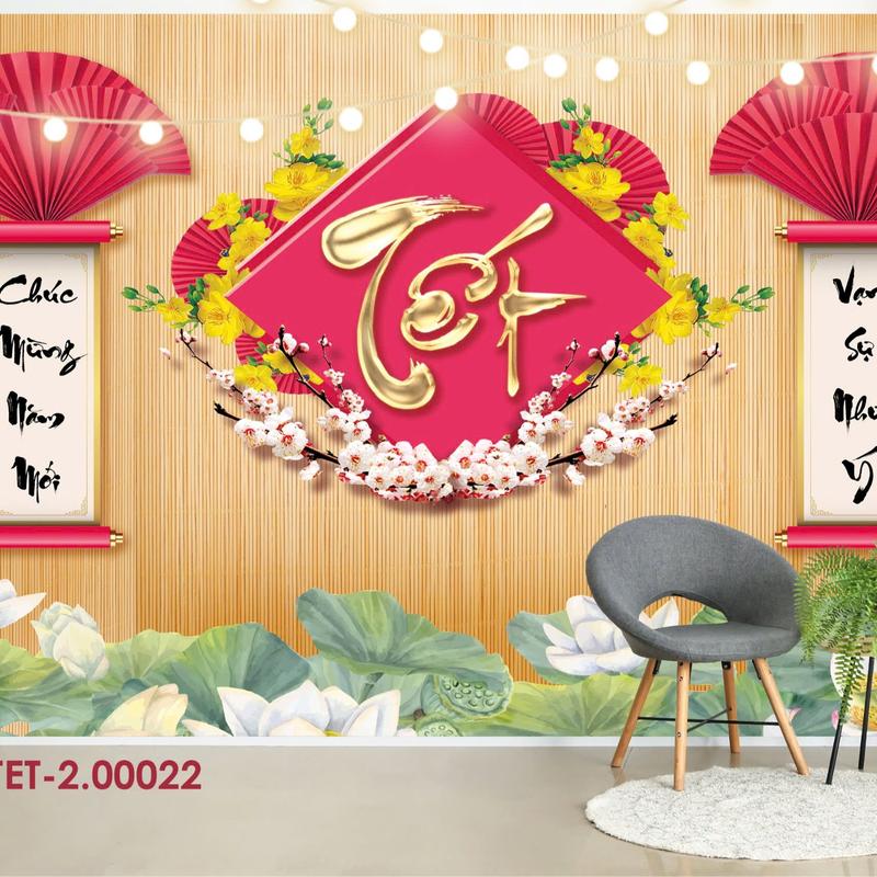 Tặng đinh móc+keo dán Phông nền tranh vải treo tường backdrop Tết Tết Nguyên Đán Happy New Year trang trí sự kiện