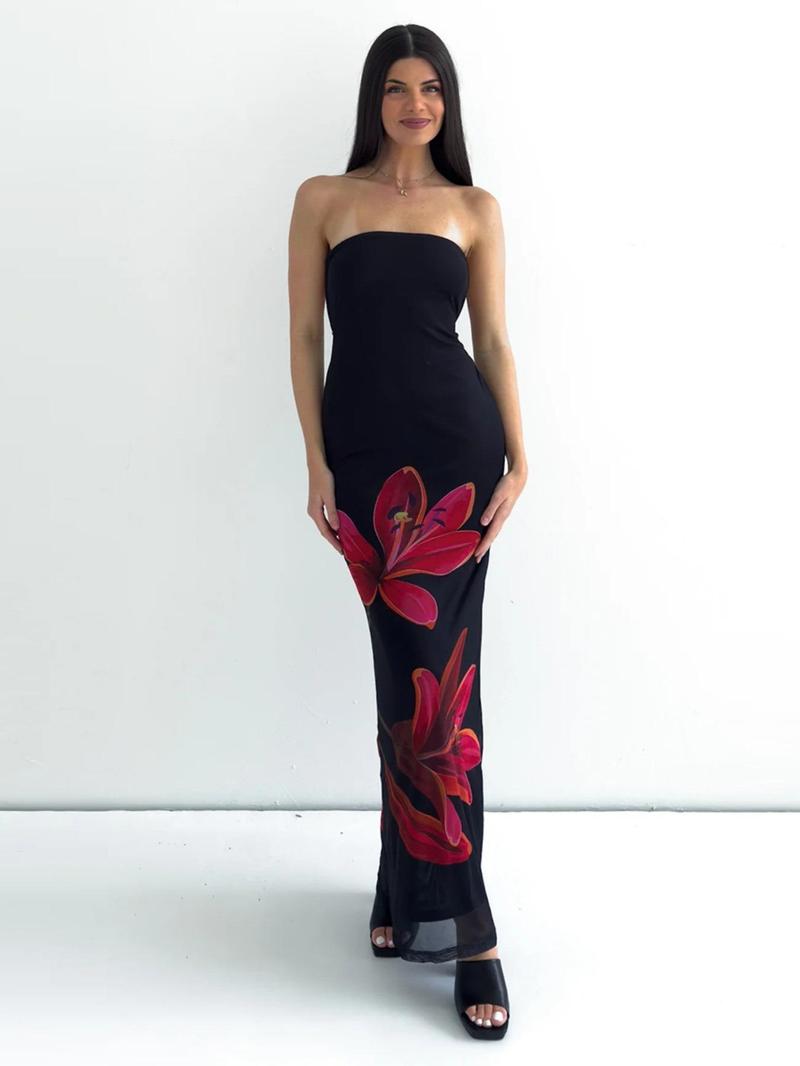 Product Introduction of Women's Floral Print Tube Dress, Elegant Strapless Maxi Dress for Party Holiday Vacation, Ladies Summer Clothes 4
