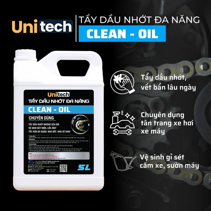 Tẩy Dầu Nhớt Motobike Cleaner Oil UNITECH 5 Lít - Dung Dịch Tẩy Đa Năng Can 5L Tẩy Nhớt, Rửa Sên Xe, Lốc Máy, Rửa Xe Vệ Sinh Xe Đậm Đặc