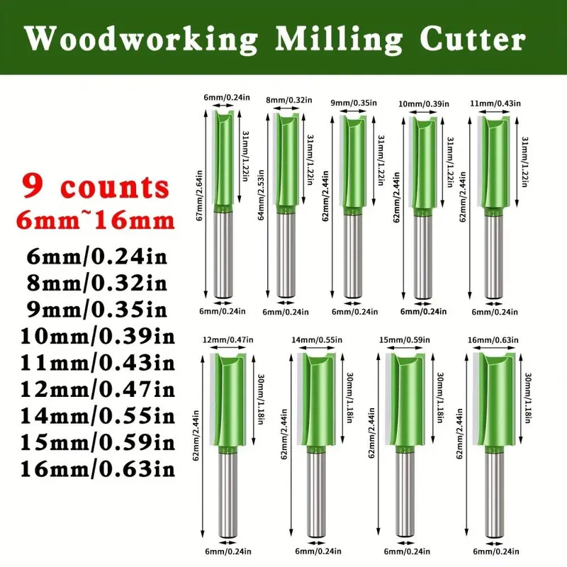 Woodworking Milling Cutter Set, 9pcs 6mm to 16mm Carbide Groove Milling Cutter, Power Tool Accessories for Woodworking 1