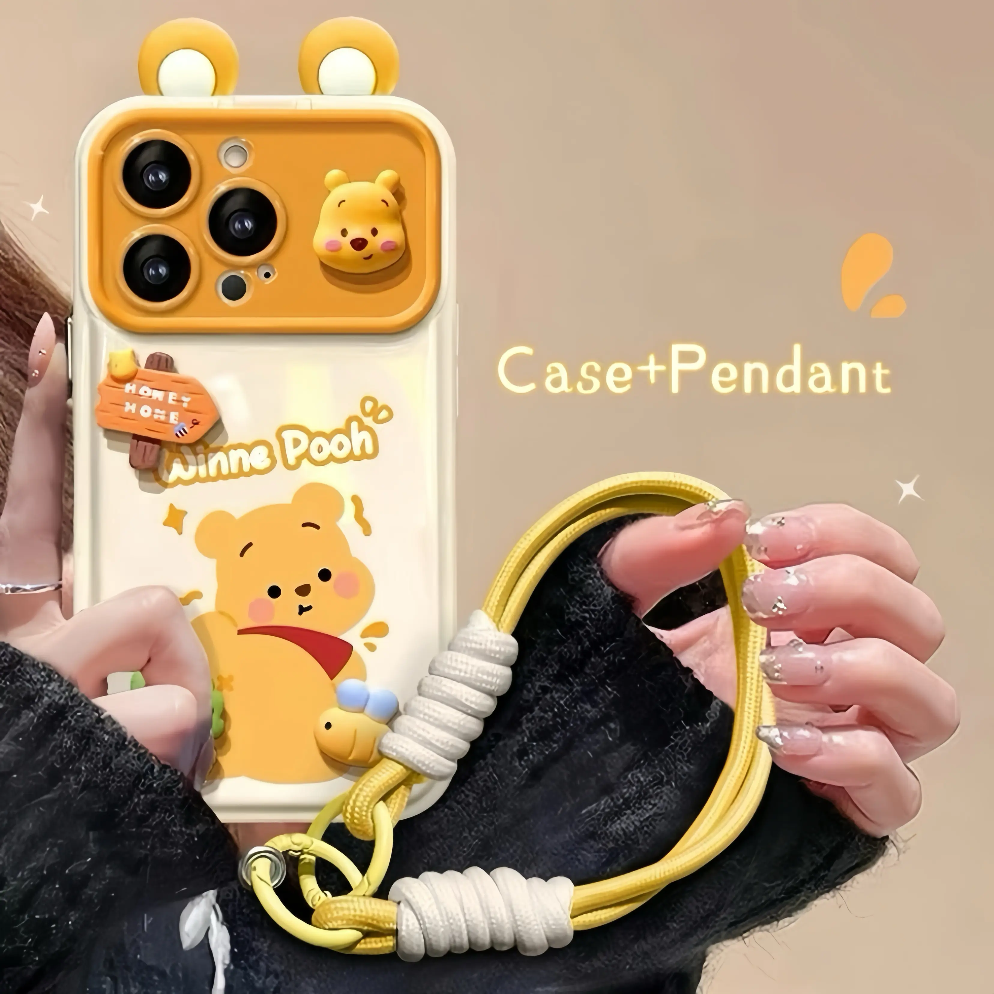 IPhone Yellow Little Bear Doll Lanyard for Apple 15/16 Phone Case Iphone13 Flip Mirror 14 Cute Cartoon XS