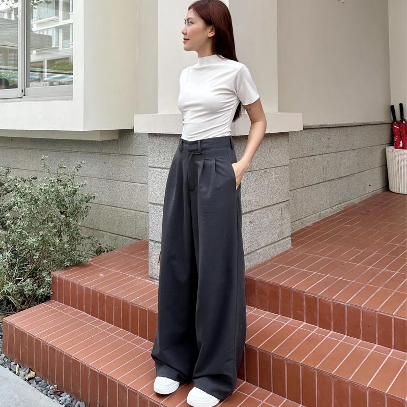  Quần tây ống rộng lưng cao hack dáng 2 màu xám đen - Louisa Pants 