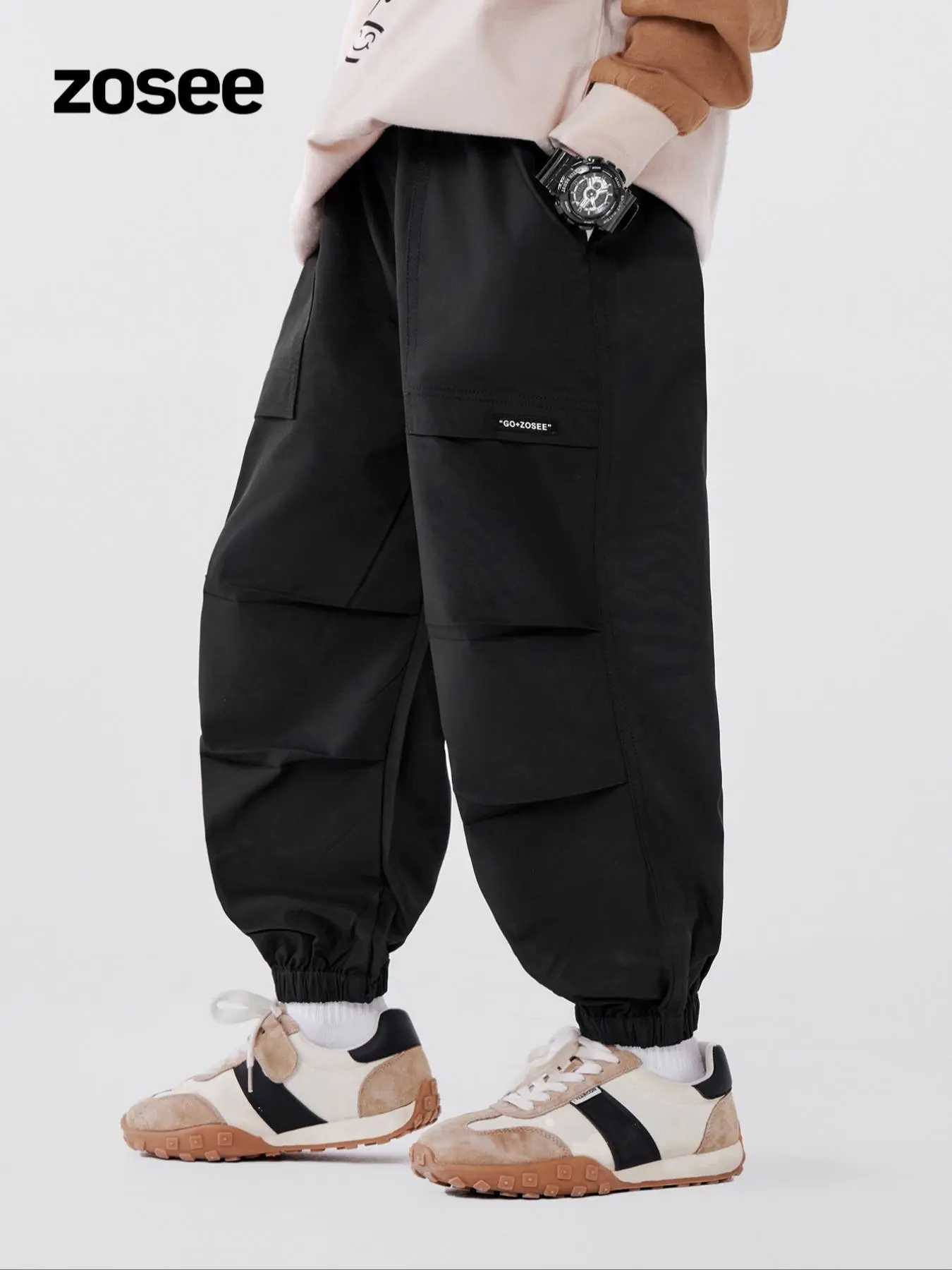 Boy's Solid Patched Pocket Plicated Cargo Pants, Casual Elastic Waist Jogger Pants for Fall & Winter, Kids Trousers for Daily Wear