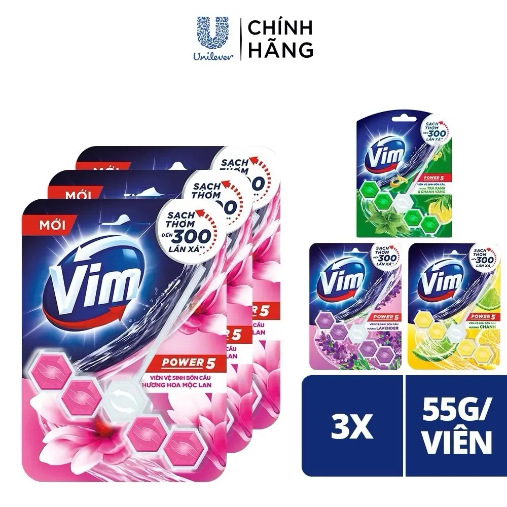 Combo 3 Viên Treo Vệ Sinh Bồn Cầu Vim Power 5 | Sạch Thơm Đến 300 Lần Xả (55g/viên) Làm Sạch