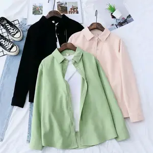 Kemeja Wanita Katun Kemeja Lengan Panjang Kasual Hitam Putih Biru Merah Muda Atasan Formal Kasual Baju Kemeja Kerja Kantor Kancing Busui Tangan Basic Casual