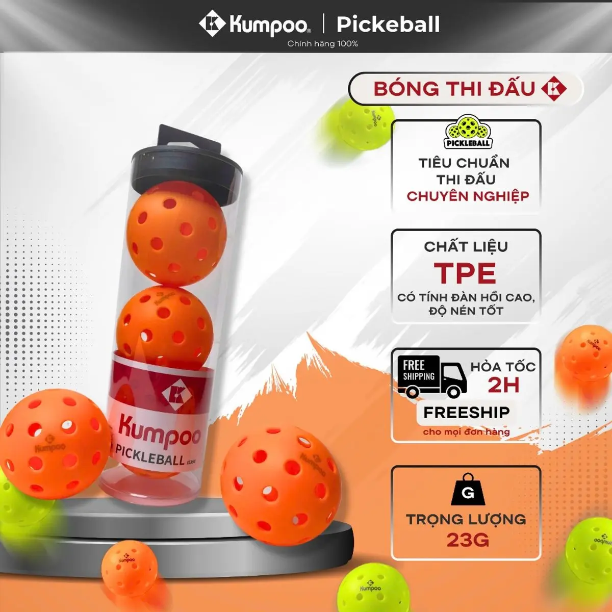 Bộ 3 bóng pickleball Kumpoo KPQ-L40 40 lỗ TPE siêu bền, đạt chuẩn luyện tập, thi đấu ngoài trời cho mọi người chơi