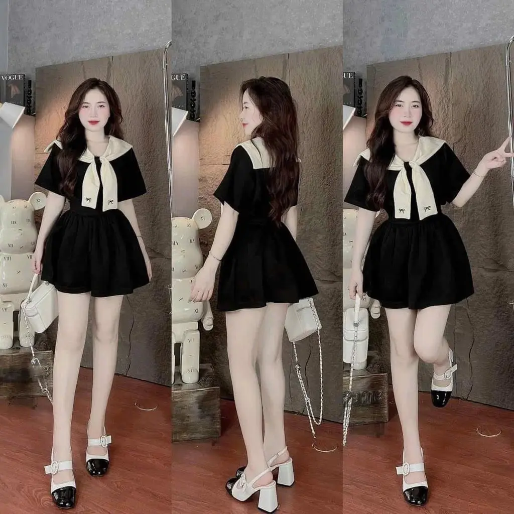 Set váy tiểu thư nữ màu đen tay ngắn kèm khăn cổ đính nơ chân váy xếp ly Women