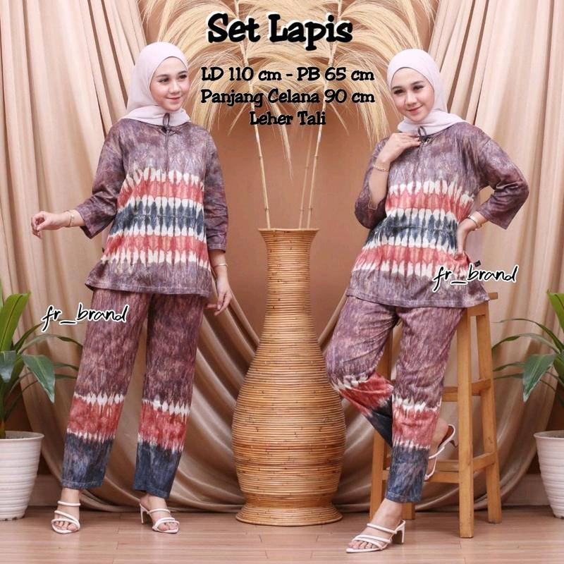 Baju One Set Setelan Wanita Kekinian Tiedye Matt Kaos Katun Lengan 3/4 Leher Tali Nyaman dipakai Celana panjang Motif Batik Dewasa 2