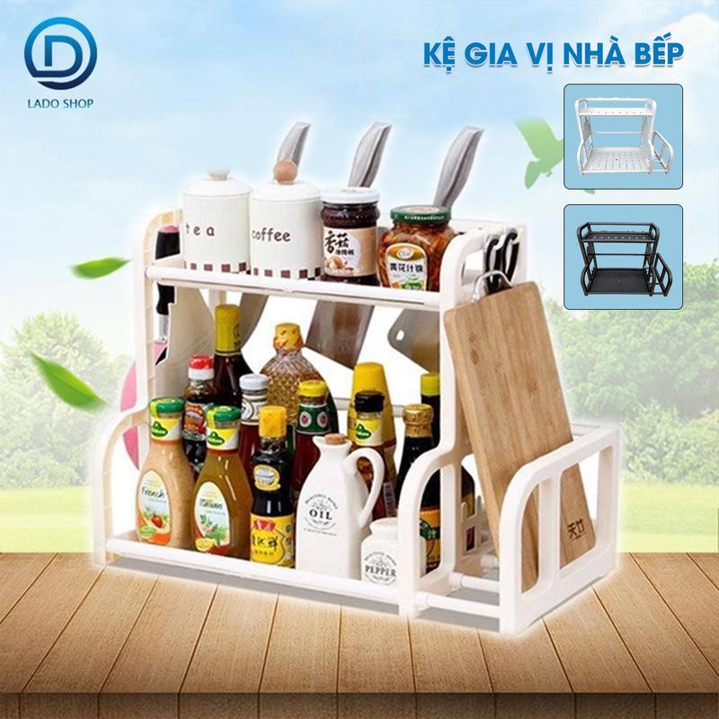 Kệ Đựng Gia Vị Lắp Ráp Để Bàn Nhà Bếp Kitchen Chữ B, Kệ 2 Tầng Có Móc Treo Và Khe Cắp Dao, Chất liệu nhựa PP