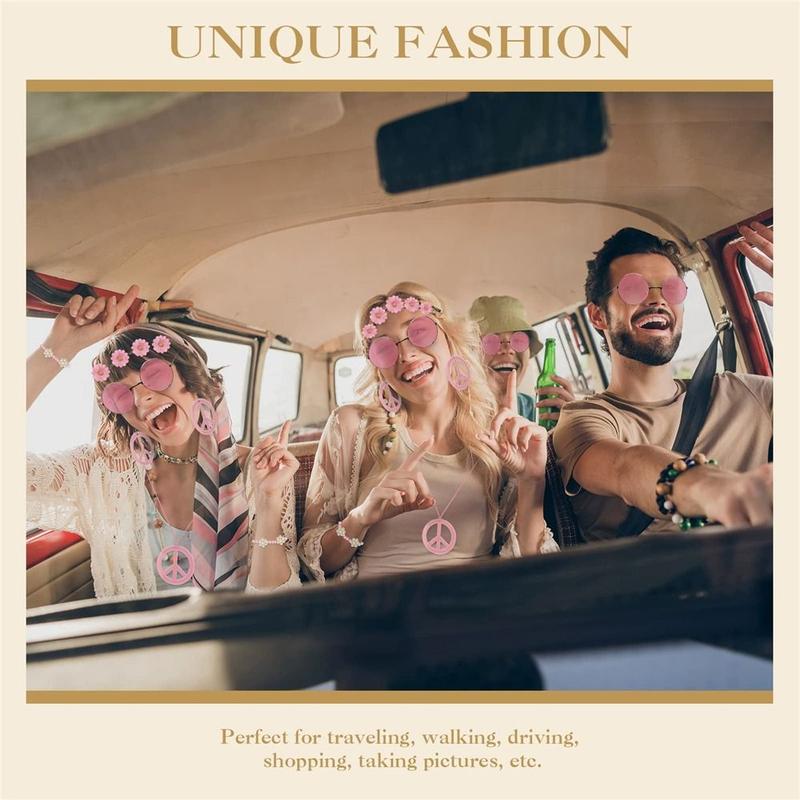 Product Introduction of Vintage 60's 70s Style Women's Hippie Costume Set Boho Peace Sign Round Glasses Hippie Costume Accessories Set for Groovy Party Girls Womenswear Adjustable 17