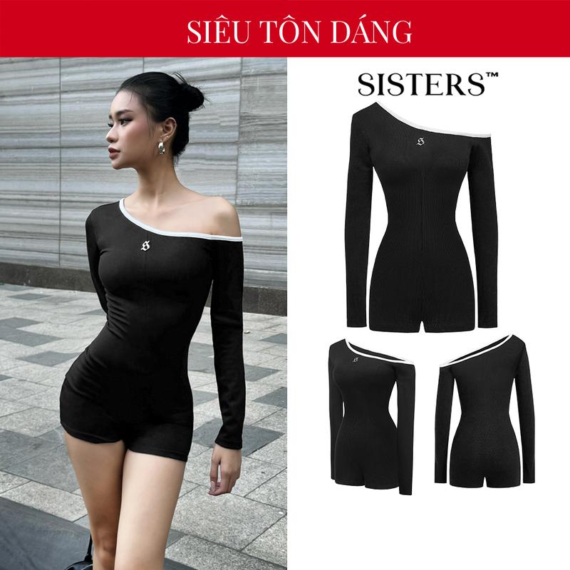 Bodysuit nữ tay dài SISTERS lệch vai màu đen thun gân co giãn ôm sát tôn dáng Zoe Jumpsuit | SS3-J5