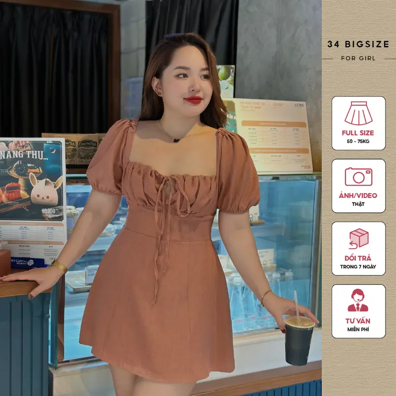 Đầm nhún ngực Ori 34DA014 đầm tay phồng dáng chữ A trẻ trung dành cho người béo, phù hợp dự tiệc dạo phố từ 50kg đến 75kg