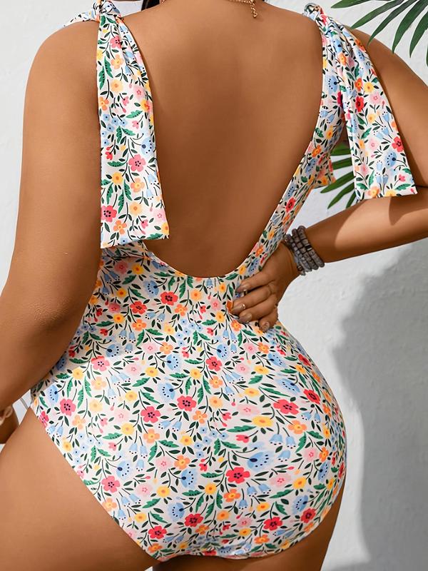 【Plus Size】 Ditsy Floral Print Tie Shoulder Bikini Swimsuit, Casual Sleeveless One-piece Swimwear for Beach Holiday Vacation, Women's Swimsuit for All Seasons, Swim Bodysuit 1