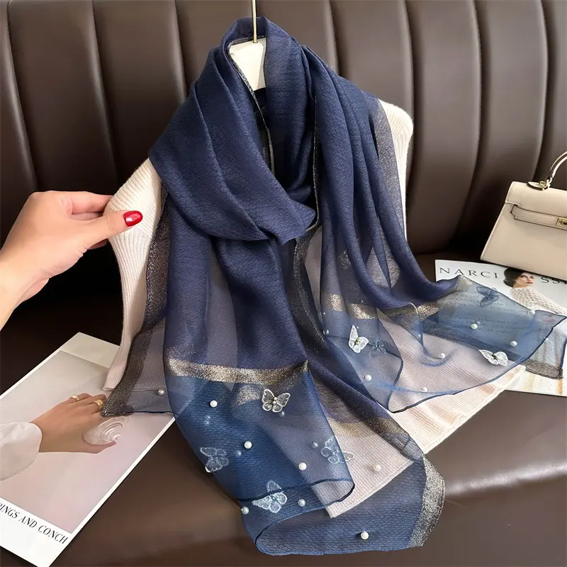 Silk Shawl Simulation, for Women, Embroidered Frill Headband, Fashion Beads, Thin Style,