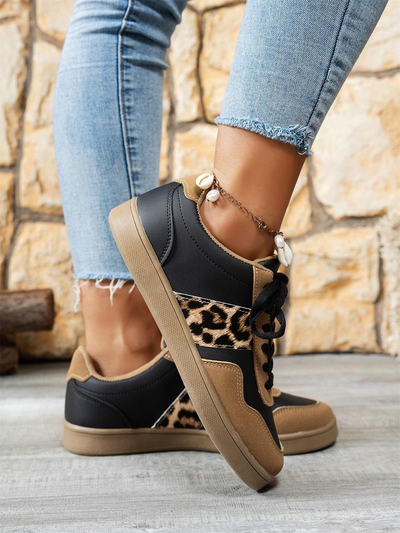 Product Introduction of Women's Fashion Leopard Patchwork Print Lace Up Low Top Sneakers, Casual Comfortable Sports Running Shoes, Female All-match Round Toe Shoes for Daily Wear 14