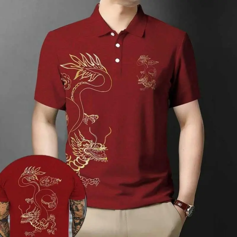 Áo Thun Nam, Phong Cách Hàn Quốc, Thể Thao Ngoài Trời, In 3D, Họa Tiết Rồng, Màu Đỏ, Áo Ngắn Tay, Thích Hợp Cho Quần Áo Ngày Lễ, Áo Polo Nam Thường Ngày Menswear Có Cổ Shirt 4