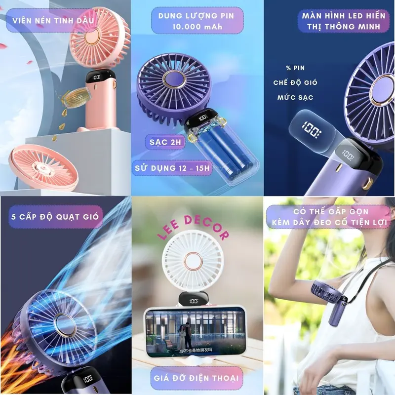 Quạt Tích Điện CHÍNH HÃNG Cao Cấp 10.000mAh , Tặng Kèm Viên Nén & Lọ Tinh Dầu & Sticker, Màn Hình Led Trực Quan, 5 Cấp Độ Gió Sử Dụng 12-15 Tiếng, Giá Đỡ Điện Thoại, Dây Đeo Cổ Du Lịch Hè. 1
