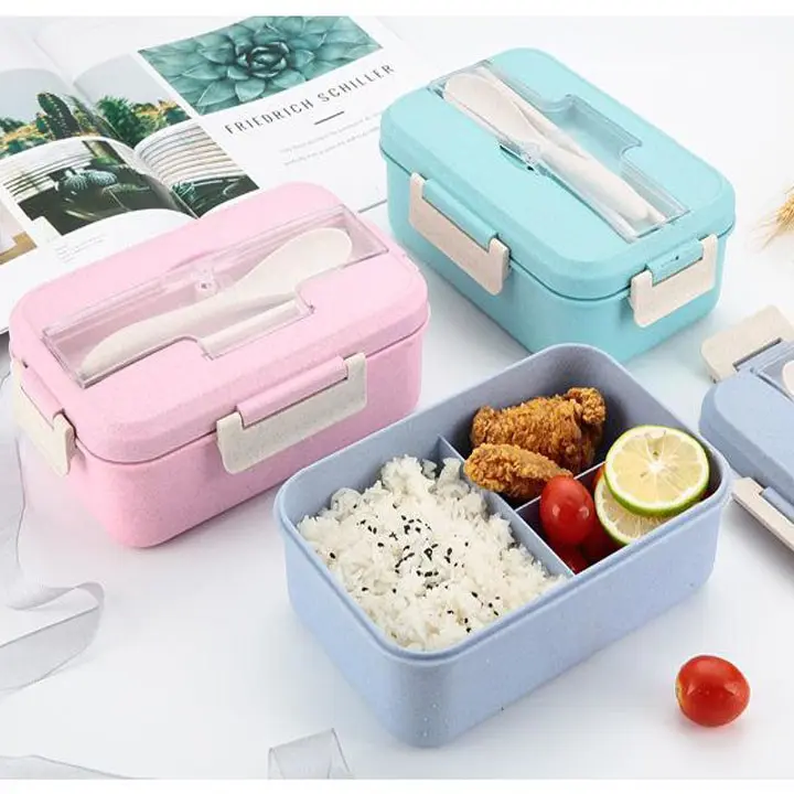 Hộp cơm văn phòng 3 ngăn bằng lúa mạch kèm đũa thìa sử dụng được lò vi sóng kèm muỗng nhựa