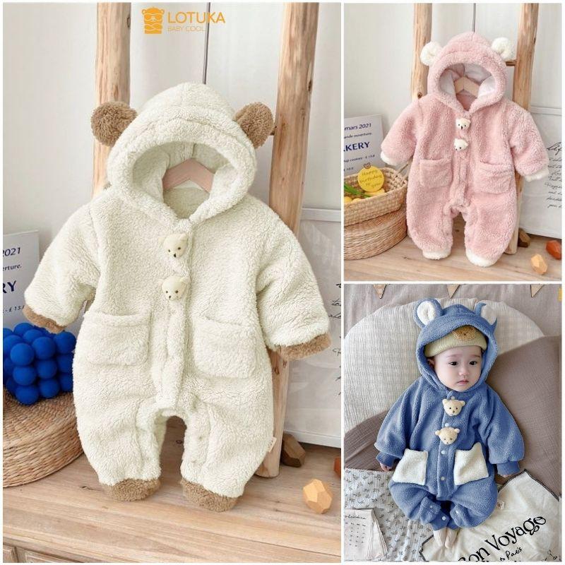 Bodysuit Lông 2 Mặt Liền Mũ Đính Gấu Nổi Ấm Áp Cho Bé, Bộ Đồ Liền Thân LOTUKA Cho Bé Trai Bé Gái, Quần Áo Trẻ Em Size 3-12kg Voi