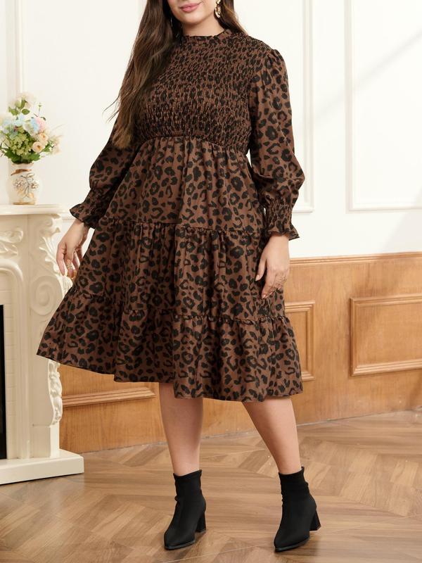 CURVZY Plus Size All Over Print Shirred Ruffle Hem Dress, Plus Casual Fashion Long Sleeve Dress for Daily Outdoor Wear, Women Plus Clothing for Spring & Fall 3