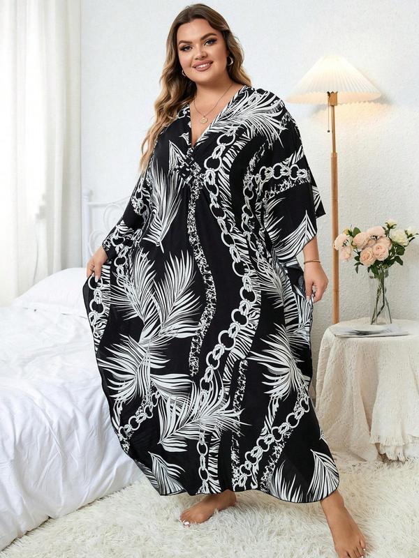 【Plus Size】 All Over Print V Neck Dress, Casual Split Hem Batwing Sleeve Long Dress for Spring & Fall, Women's Clothes for Daily Wear, Dresses for Women, Plus Size Dresses, Wedding Guest Dress 5