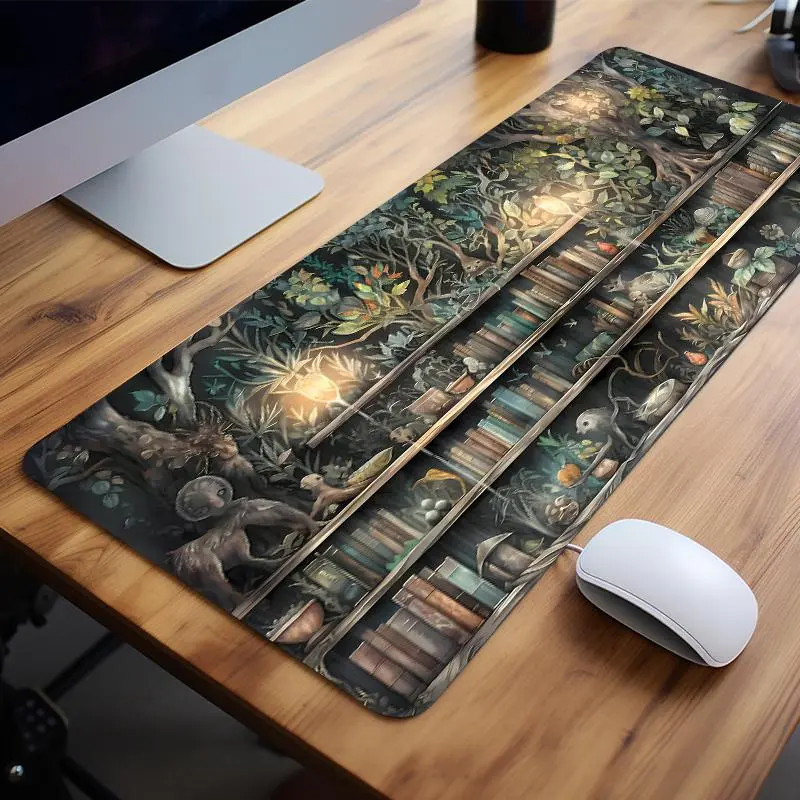 Creative Book & Tree Pattern Extended Mouse Pad, Rectangle Gaming Mouse Keyboard Pad, Office Desk Accessories, Non-slip Rubber Base Stitched Edge Desk Pad for Laptop Desktop 0