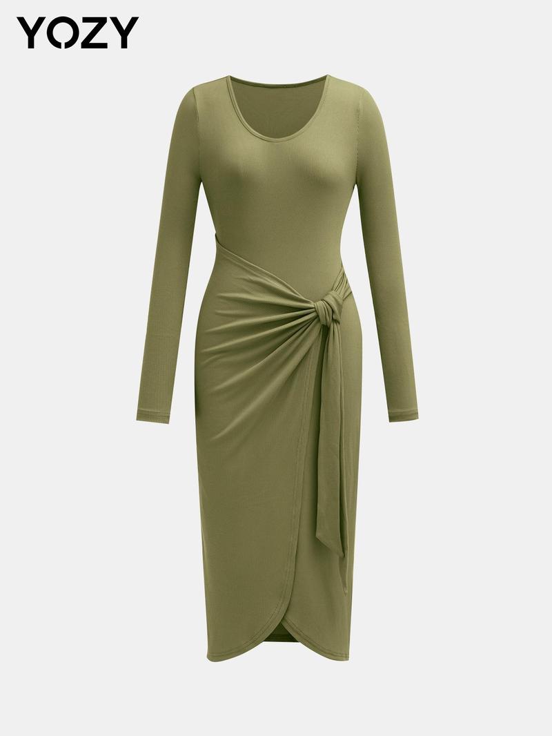 Product Introduction of YOZY Women's Plain Knot Front Wrap Ribbed Midi Dress, Casual Long Sleeve V Neck Dress for Daily Wear, Ladies Clothes for All Seasons 18