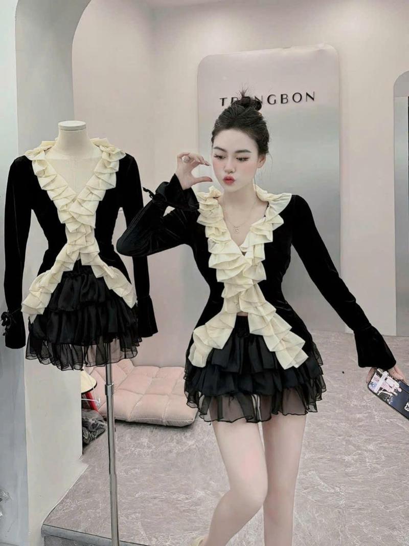 Product Introduction of set Áo Thun Tăm Viền Bèo Phối Chân Váy Voan Tơ Tầng  Nữ hot 2