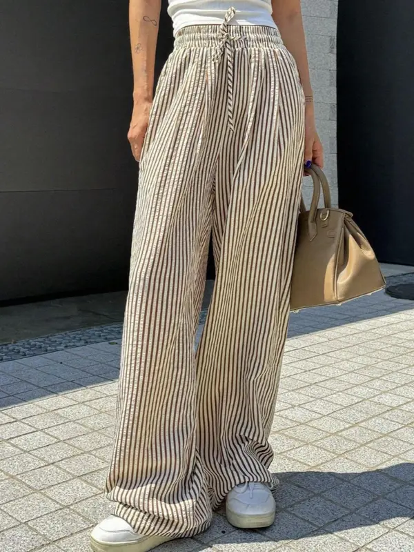 Women's Striped Print Drawstring Waist Wide Leg Pants, Casual Pocket Trousers for Daily Wear, Ladies Bottoms for All Seasons 8