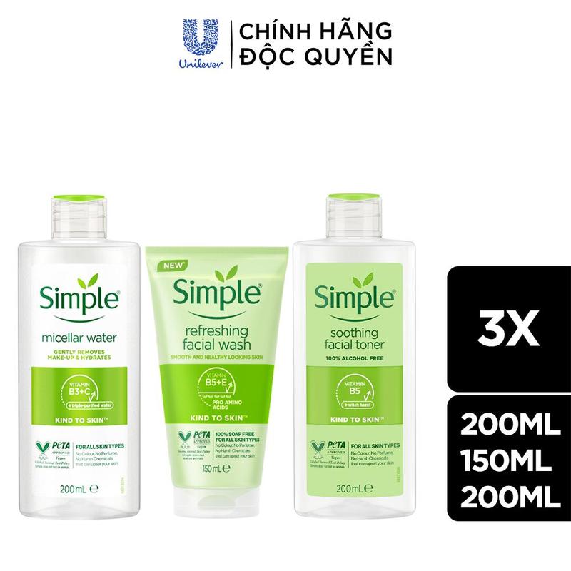Combo 3 Simple Nước Tẩy Trang 200ml Sạch Sâu Ẩm Mịn + Sữa Rửa Mặt Lành Tính Sạch Thoáng 150ml + Nước Hoa Hồng Làm Dịu & Cân Bằng Da 200ml  - Dành Cho Da Nhạy Cảm [2] Skincare