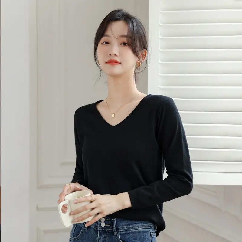 Áo thun đen Nữ Top cổ tim  tay dài, thun zip chống nắng mát mịn Women Trái Tim Voi Kem Nhung
