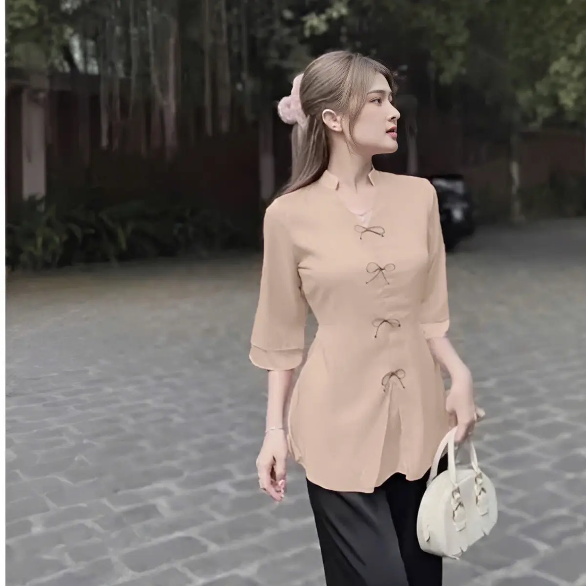 M181-Bộ Set đồ lam đi chùa hoạ tiết nút thắt nơ vải lụa cao cấp - Nữ, Áo