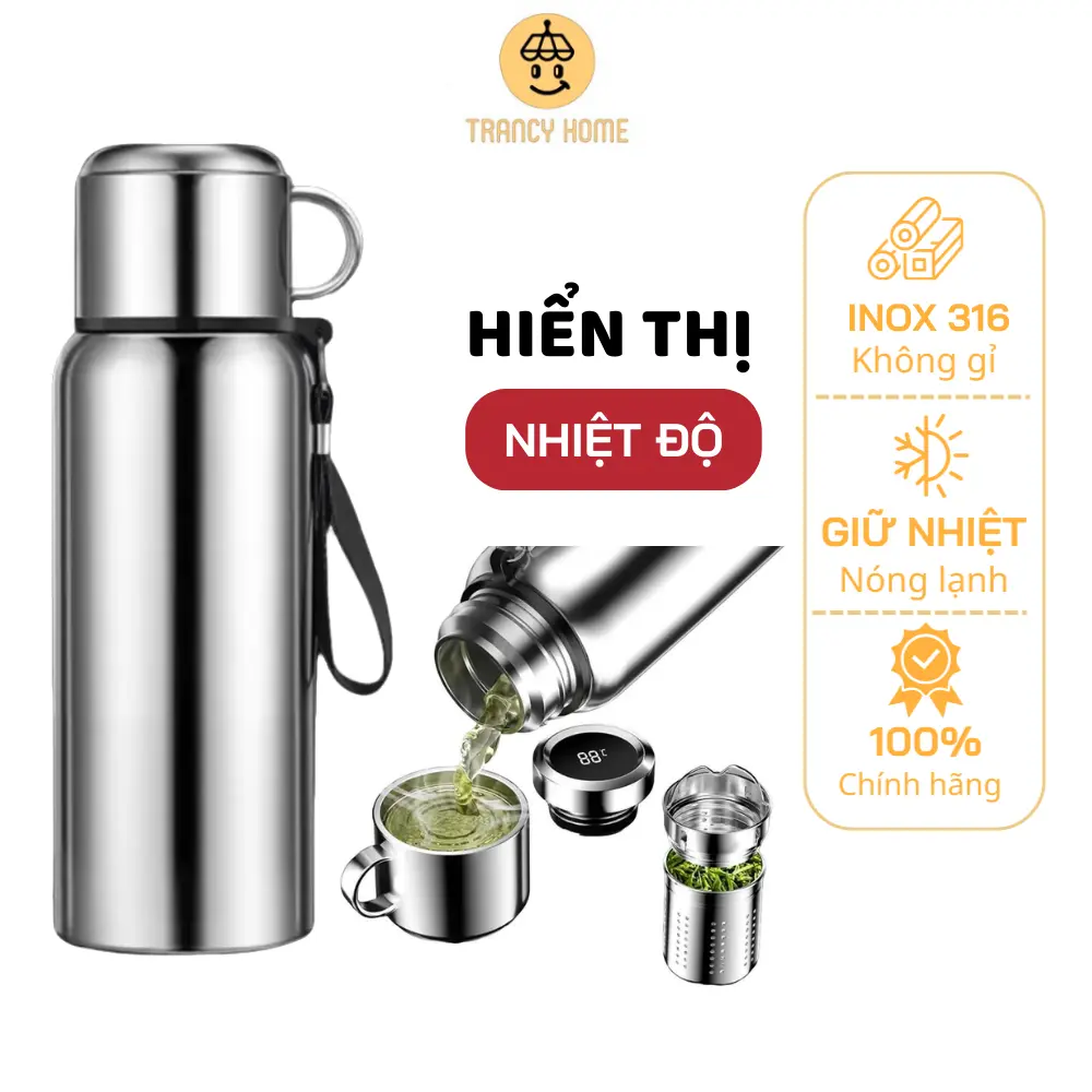 Bình giữ nhiệt inox 316 giữ nhiệt, hiện nhiệt độ kèm cốc uống BTC bình nước giữ nhiệt  hiện nhiệt độ