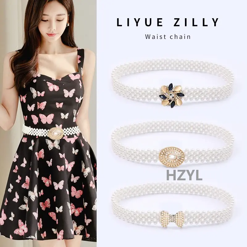 Thin stretch belt, for women, with pearls and rhinestone, waist chain, suitable for dress, Korean style simple, waist belt, women elephant ice pack