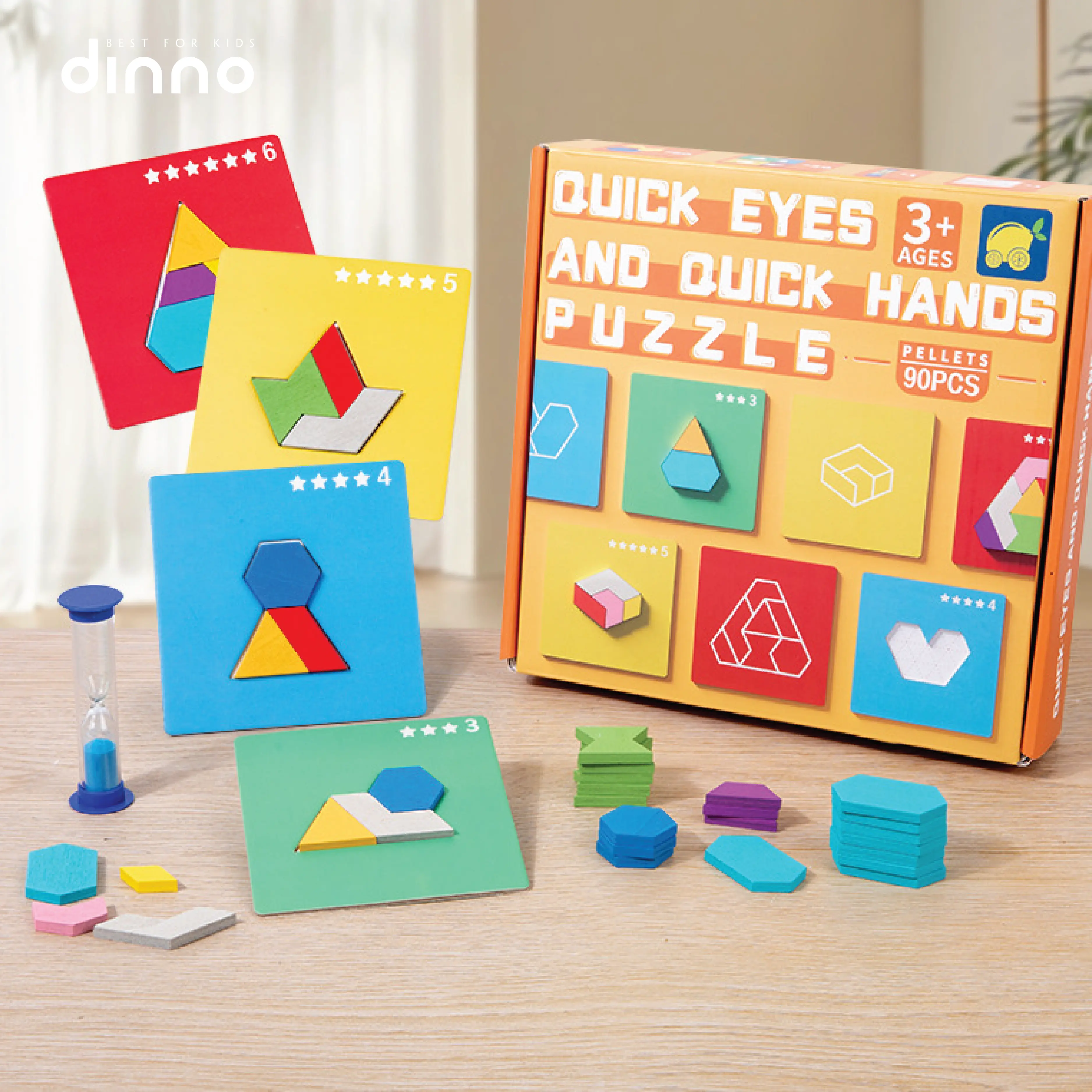 Bộ xếp hình gỗ tangram Dinno 90 chi tiết, đồ chơi xếp hình dạng hình học rèn luyện tư duy logic cho bé