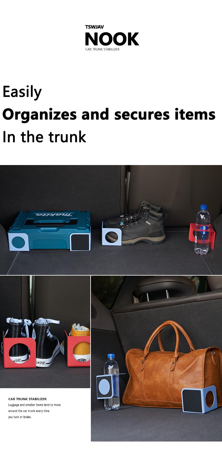 Product Introduction of 2pc Car Back Auto Trunk Fixed Rack Holder Stand Stabilizer Shake-proof Organizer Fence Storage Holder Adjustable Distance Storage Box Fixer 2