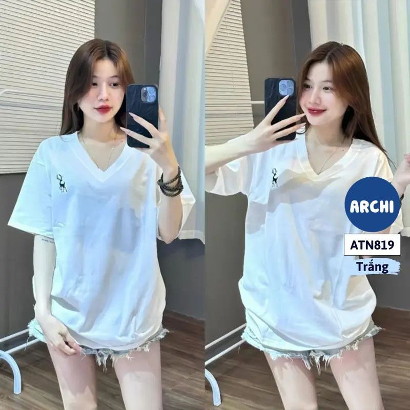 ATN819 Áo thun tay lỡ unisex cổ tim form rộng Archi 5