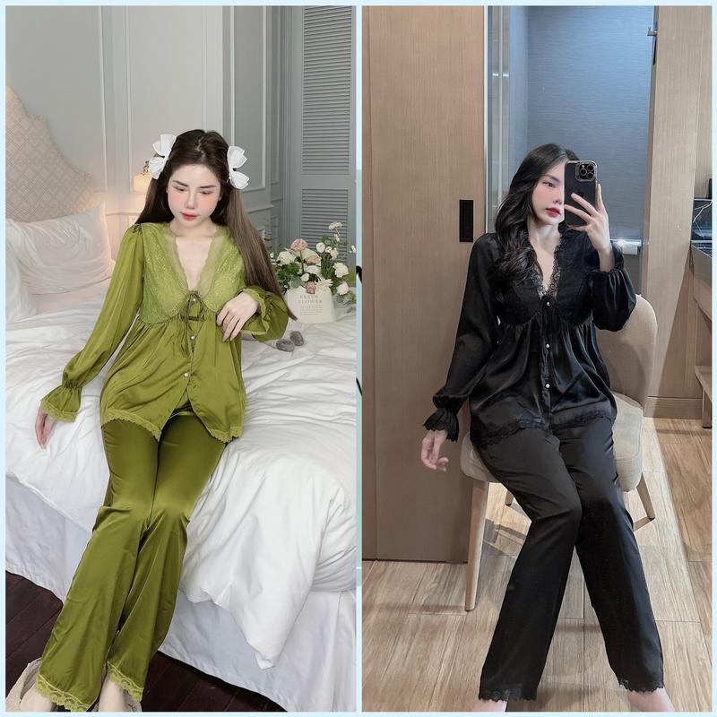 [FREESIZE 40-58KG V1<88CM] Đồ Ngủ Đồ Bộ Tiểu Thư Tay Dài Thiết Kế Phối Ren 6 Màu Chất Lụa Mịn Mượt