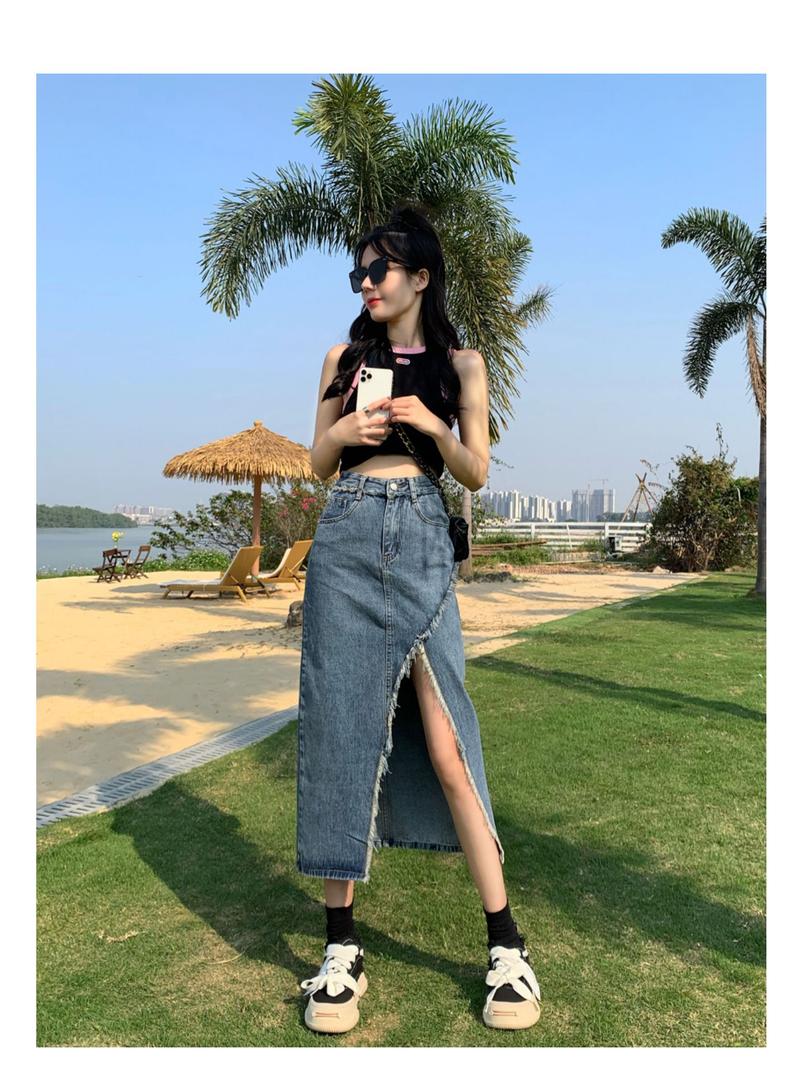 Product Introduction of Tassel denim mid-length spring and autumn 2023 new style raw edge high waist slimming fashionable all-match trendy long skirt 11