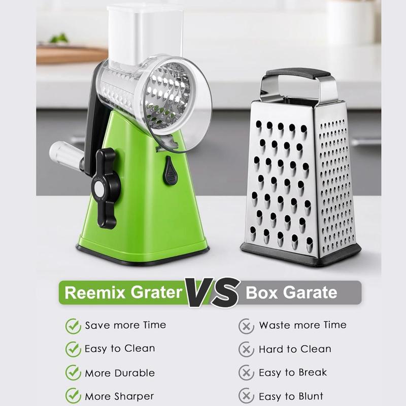 Product Introduction of Rotary Cheese Grater, Multifunctional Manual Vegetable Chopper with 3 Stainless Steel Interchangeable Blade, Hand Crank Vegetable Grater for Kitchen 2
