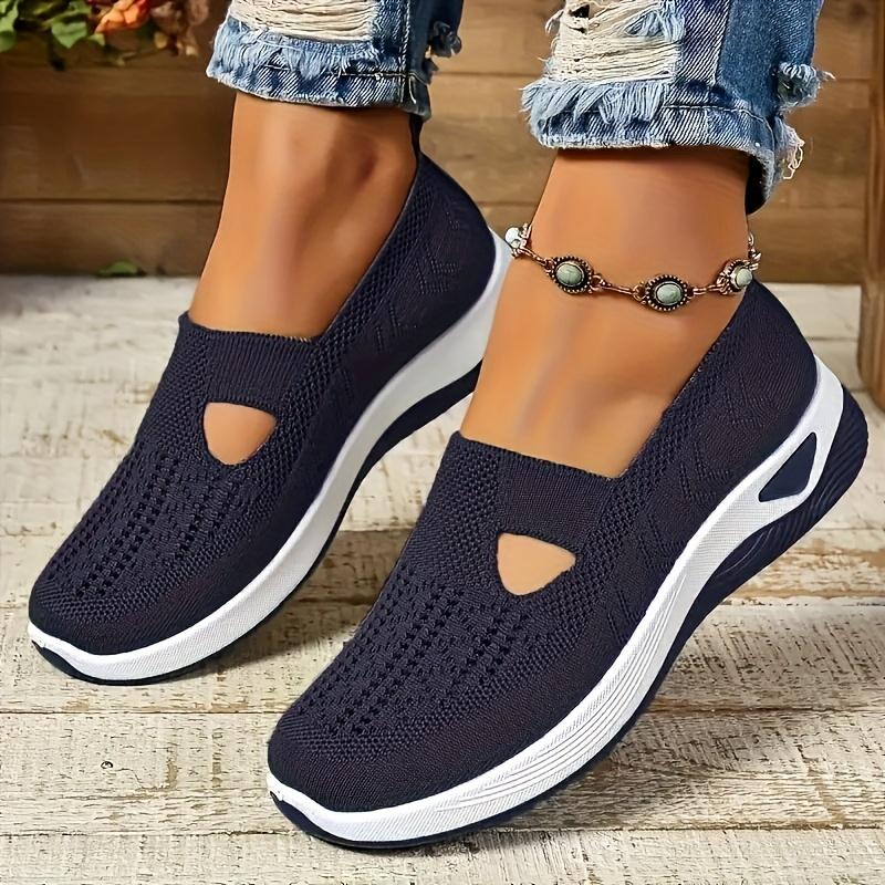 Women's Ultra-Breathable Knit Sneakers - Easy Slip-On, Lightweight & Comfortable Flat Shoes with Cut-Out Design All-Day Wear - Perfect Outdoor Walks and Casual Strolls, Cute Shoes 1