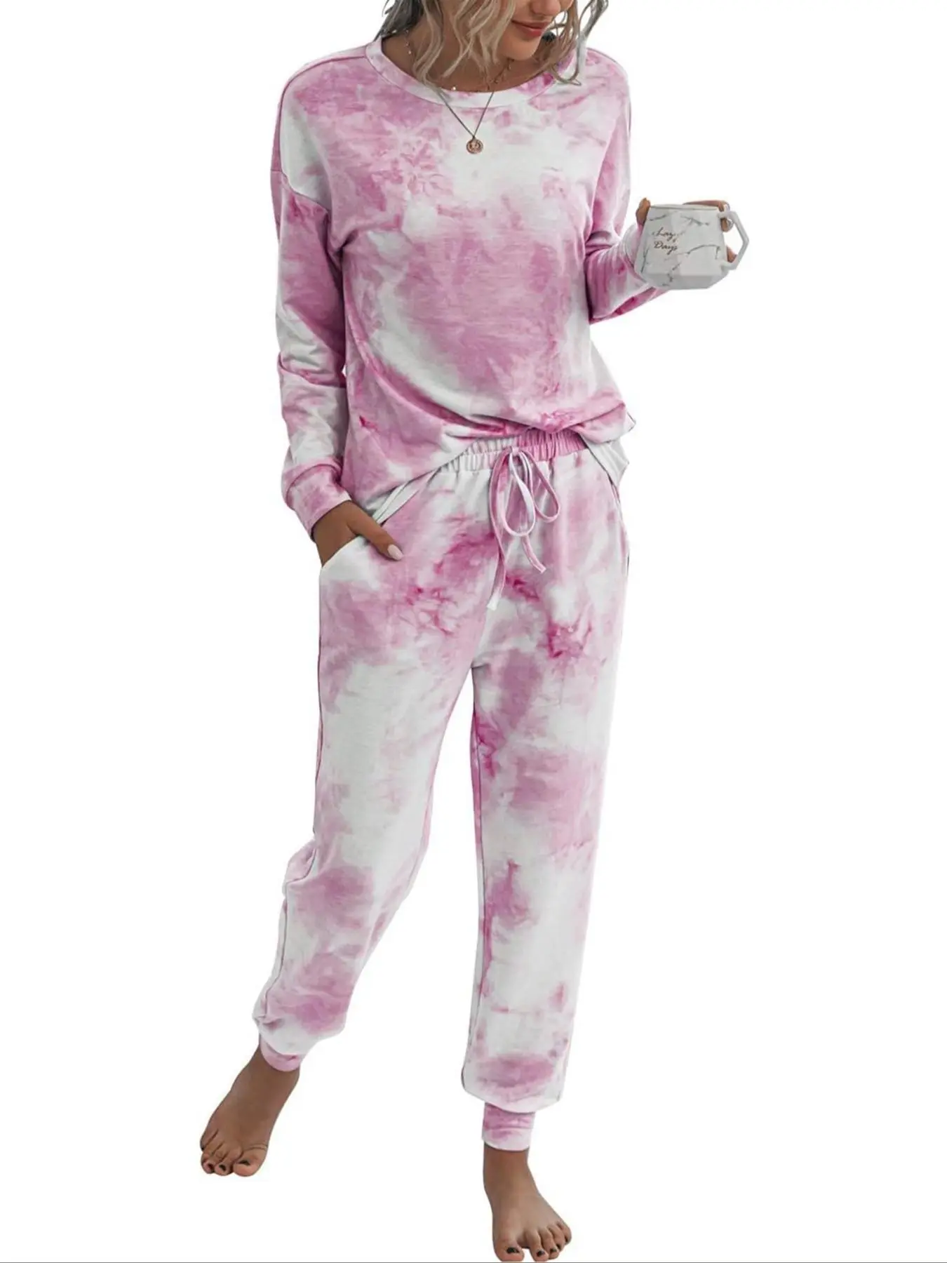 Women's Tie Dye Print Drop Shoulder Tee & Drawstring Waist Pants Loungewear Two-Piece Set, Casual Comfy Round Neck Long Sleeve Top & Trousers PJ Set, Ladies Sleepwear for Fall & Winter