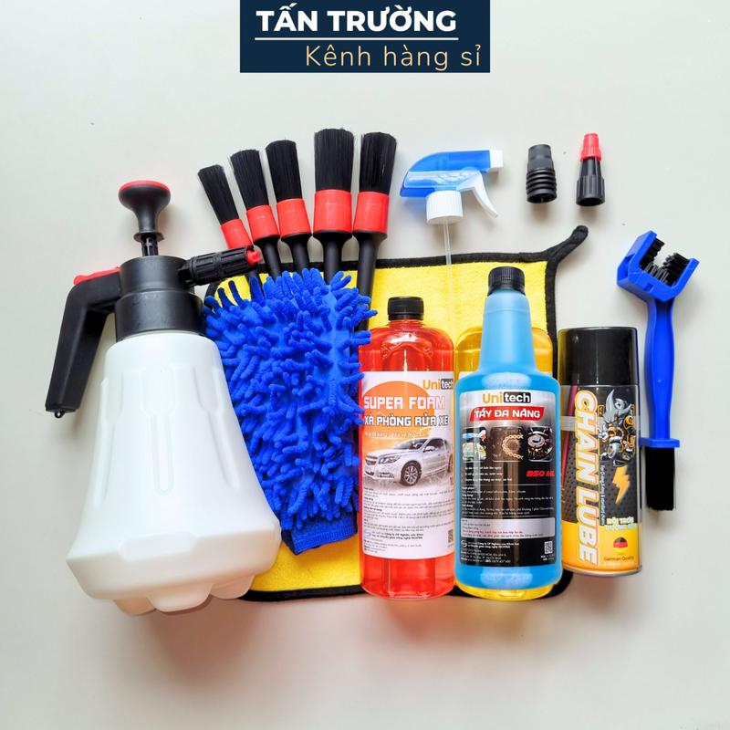 Combo BÌNH TẠO BỌT TUYẾT 15 món rửa xe (Bình 2L, nước rửa xe, Tẩy sên, Dưỡng sên,Bàn chải chà sên, 5 cây cọ, găng san hô, khăn lau 30x30, Vòi xịt) Lau Xe Phụ Kiện