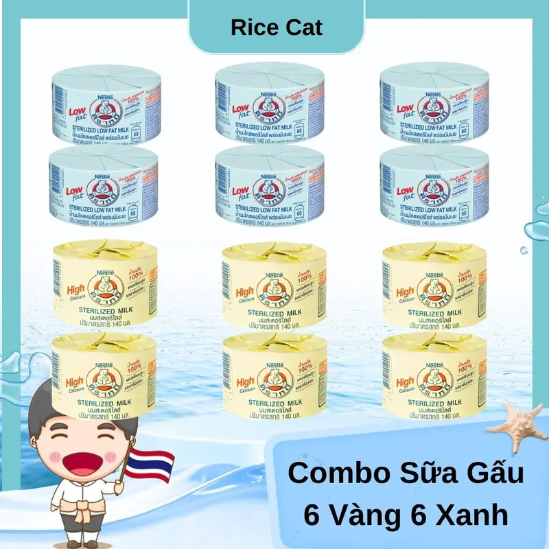Sữa Gấu Thái Lan Mix 6 Lon Vàng 6 Lon Xanh Giàu Canxi Không Đường 0