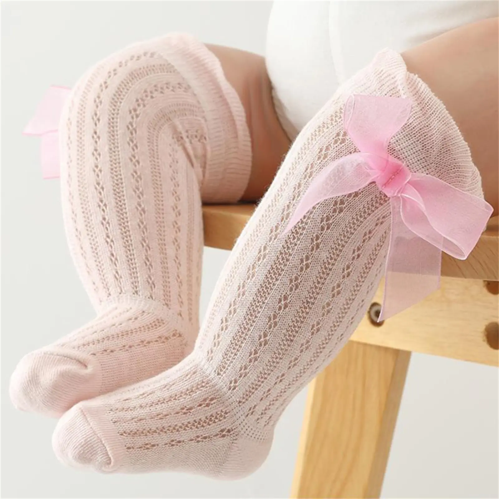 Baby Girls Long Stockings For Infant Princess Solid Color Cute Bowknot Breathable Loose Mouth Socks Toddler Girls Over-The-Knee Socks