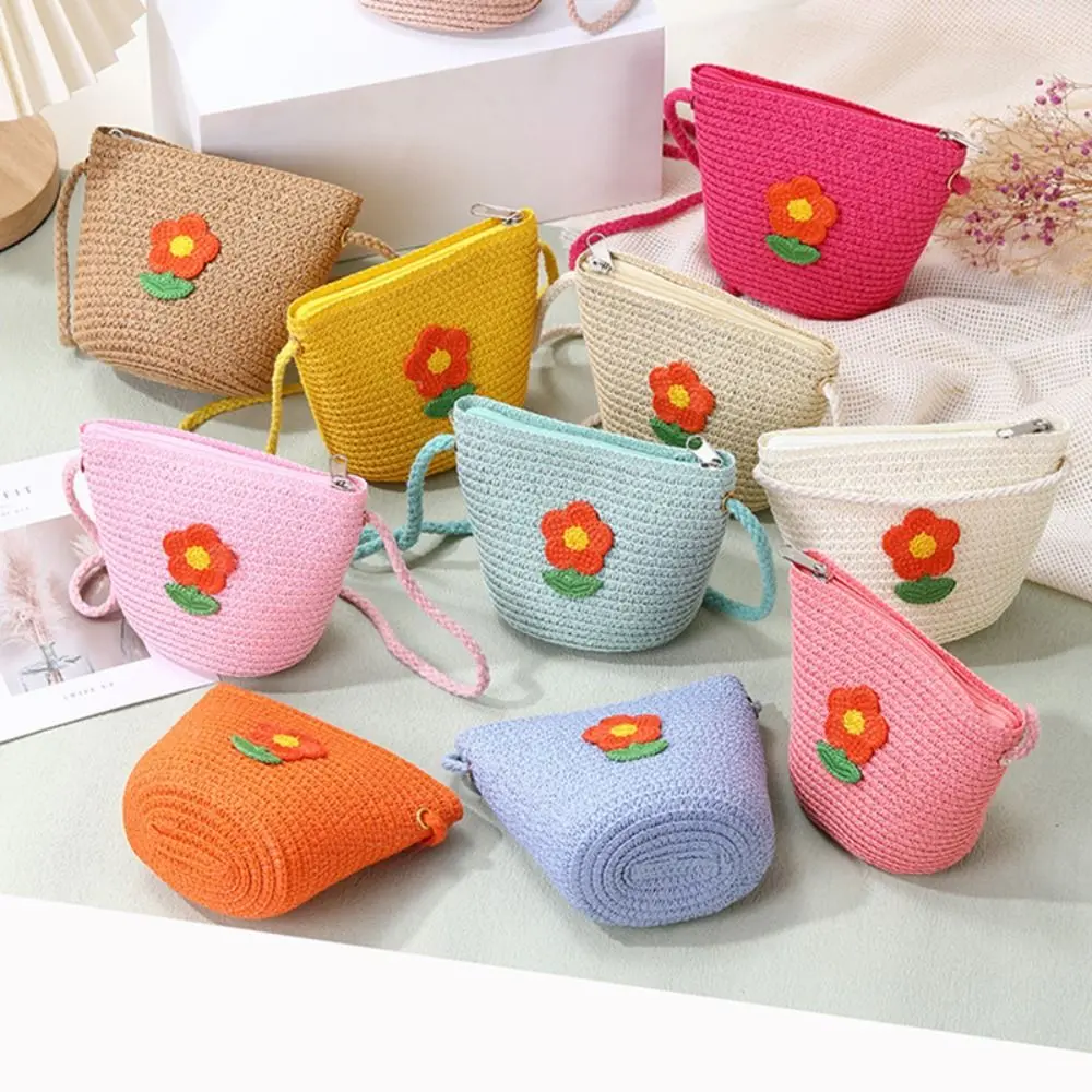 Cute Pastoral Flower Woven Bag Handmade Zipper Summer Beach Shoulder Bag Photo Props Solid Color Kids Coin Purse