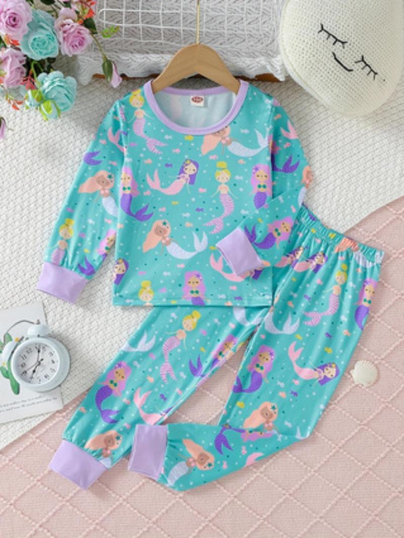 Product Introduction of Two-piece Set Girl's Cartoon Mermaid Print Tee & Pants Set, Cute Round Neck Long Sleeve Top & Trousers, Casual Kids Clothes for Spring & Fall 1